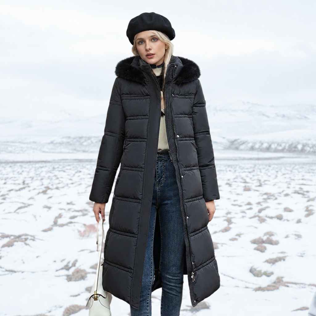 Parka coat with short pile faux fur trimmed hood in black