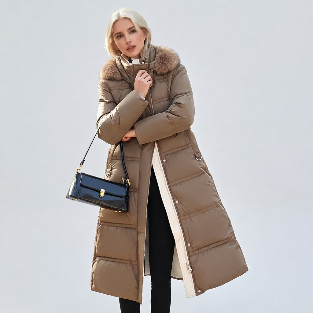 Parka coat with short pile faux fur trimmed hood in brown