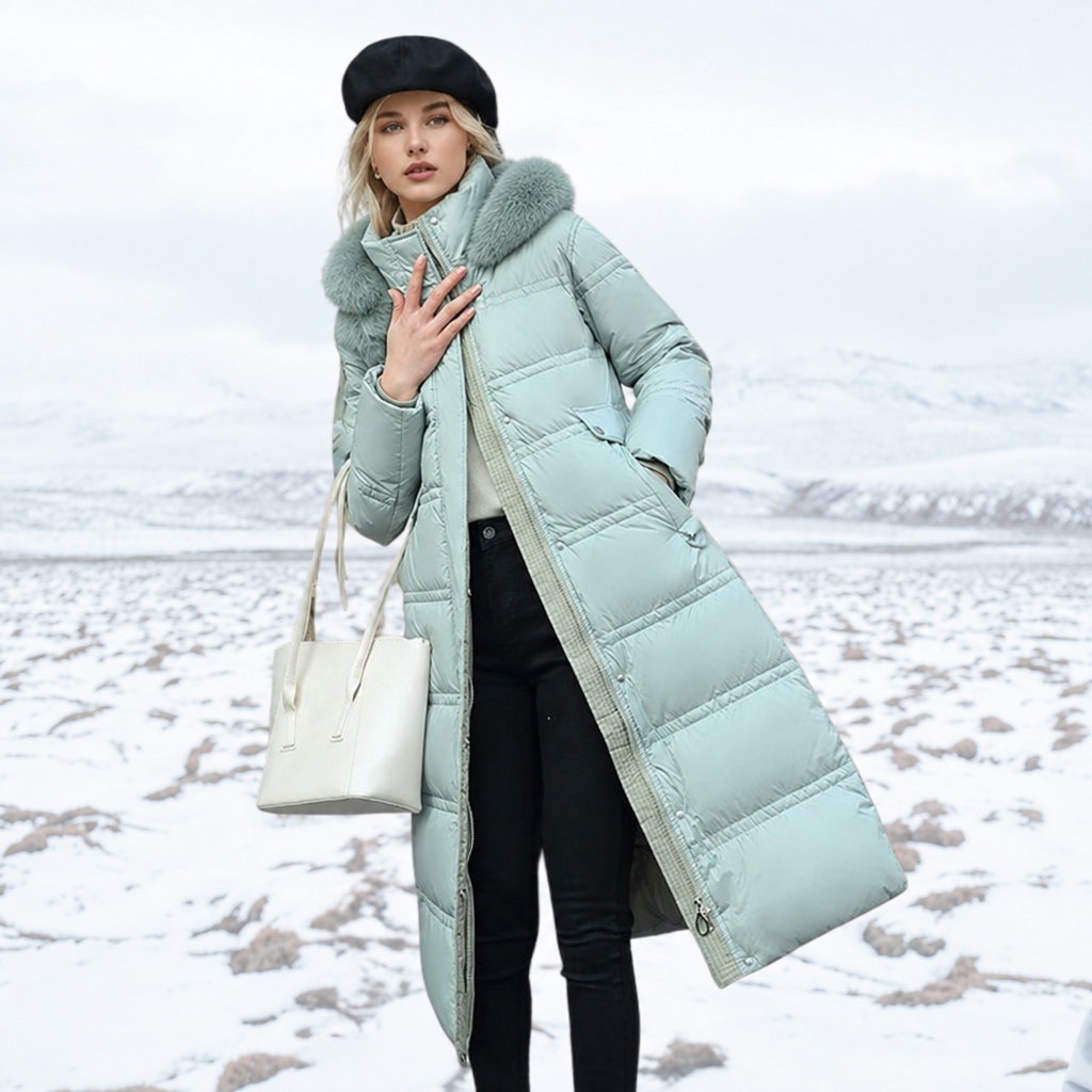 Parka coat with short pile faux fur trimmed hood in blue