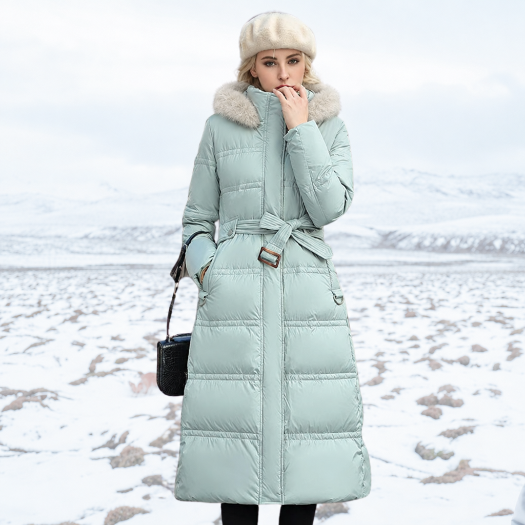 Parka coat with short pile faux fur trimmed hood in blue and white