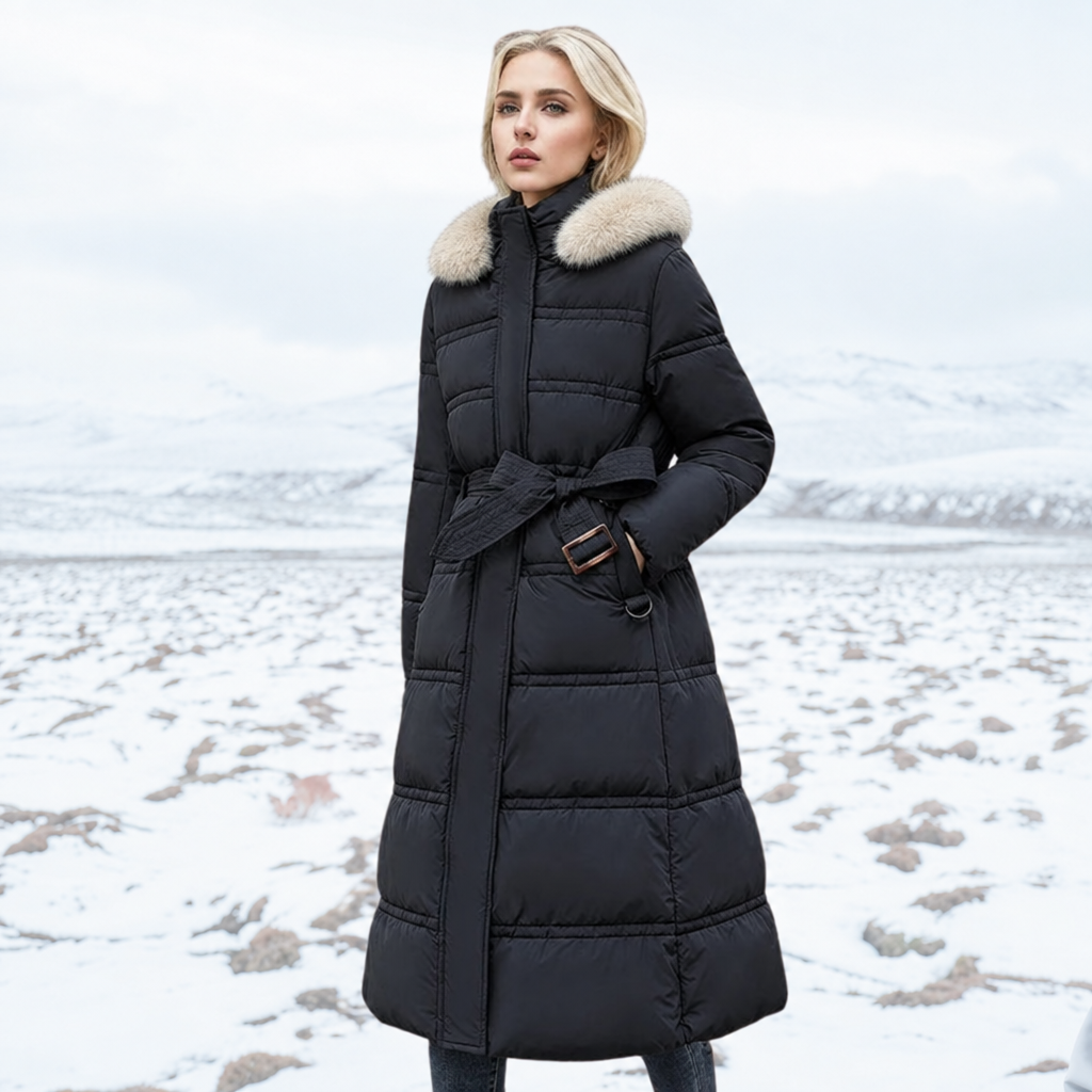 Parka coat with short pile faux fur trimmed hood in black and white