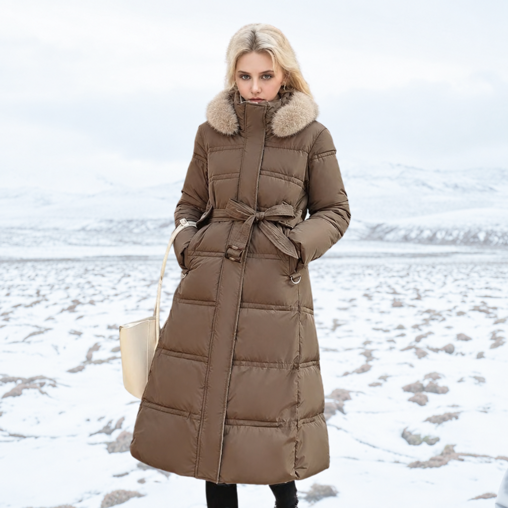 Parka coat with short pile faux fur trimmed hood in brown and beige