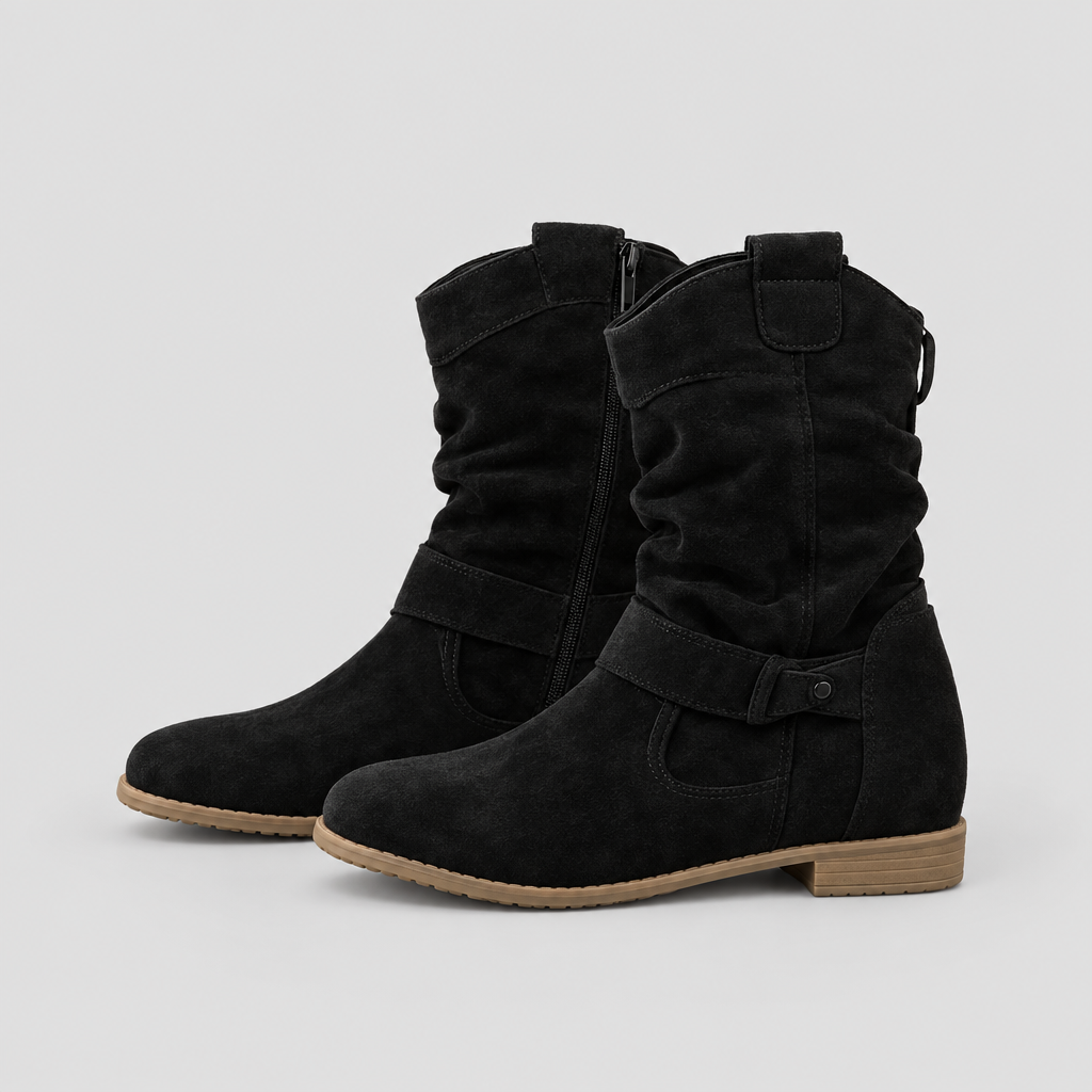 Suede-look slouchy ankle boots with side zip in black, side view