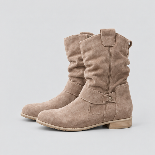 Suede-look slouchy ankle boots with side zip in beige, side view