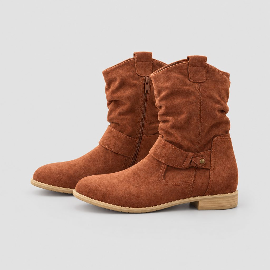Suede-look slouchy ankle boots with side zip in dark brown, side view