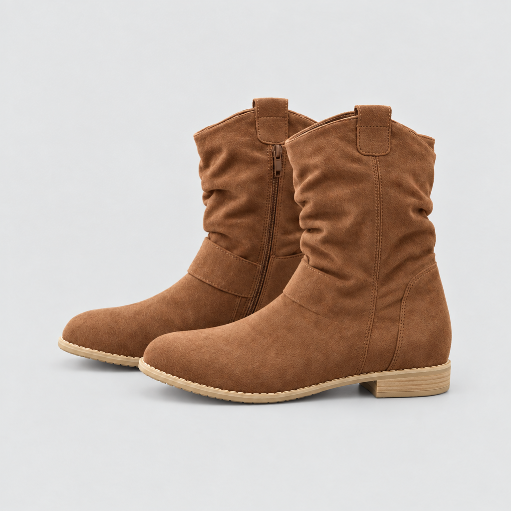 Suede-look slouchy ankle boots with side zip in brown, side view