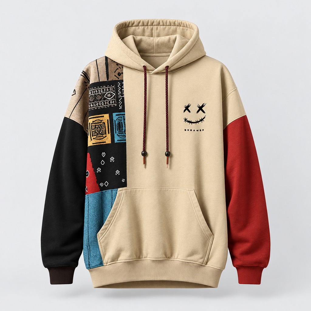Contrast Panel Hoodie Drawstring Ribbed Trims