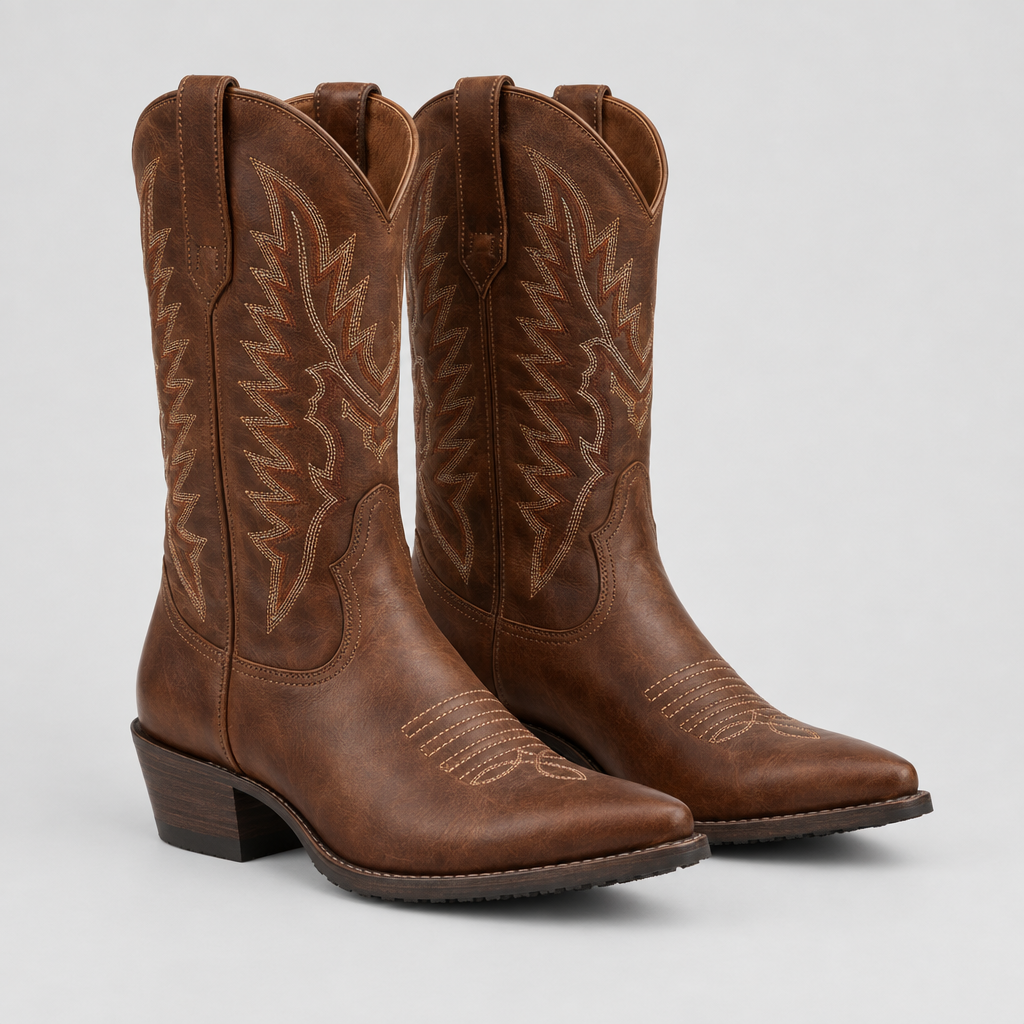 Embroidered Western Boots Pointed Toe Stacked Heel