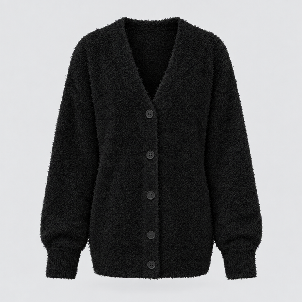 Oversized Soft Knit Cardigan Plush Trim in Black