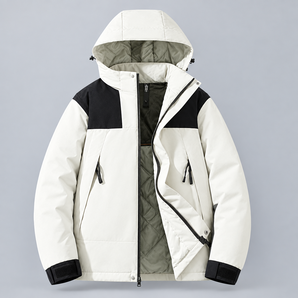 Hooded Ski Jacket Windproof Warm in White with black shoulder panels