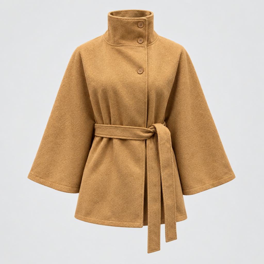 Cape coat with high collar and belted waist in camel