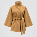 Cape coat with high collar and belted waist in camel