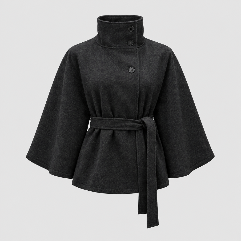 Cape coat with high collar and belted waist in black