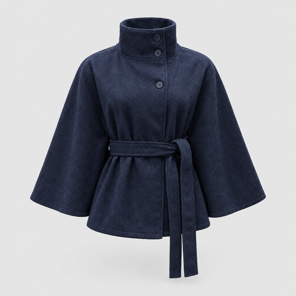 Cape coat with high collar and belted waist in navy