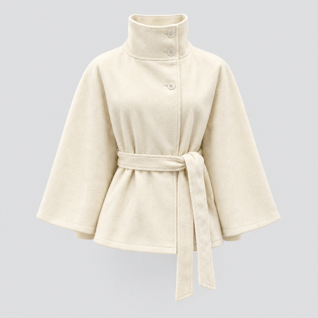 Cape coat with high collar and belted waist in cream