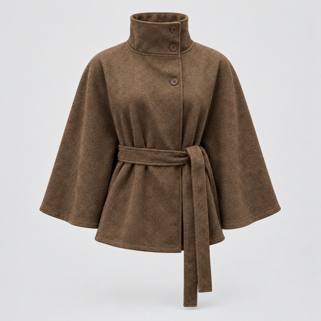Cape coat with high collar and belted waist in brown