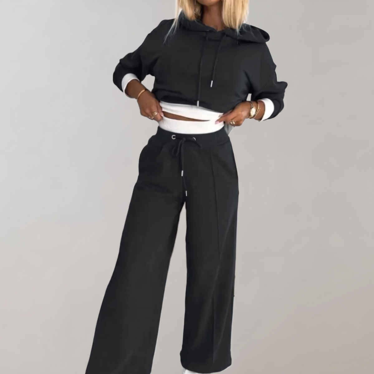 Hooded jogger set soft everyday loungewear in black, square studio image