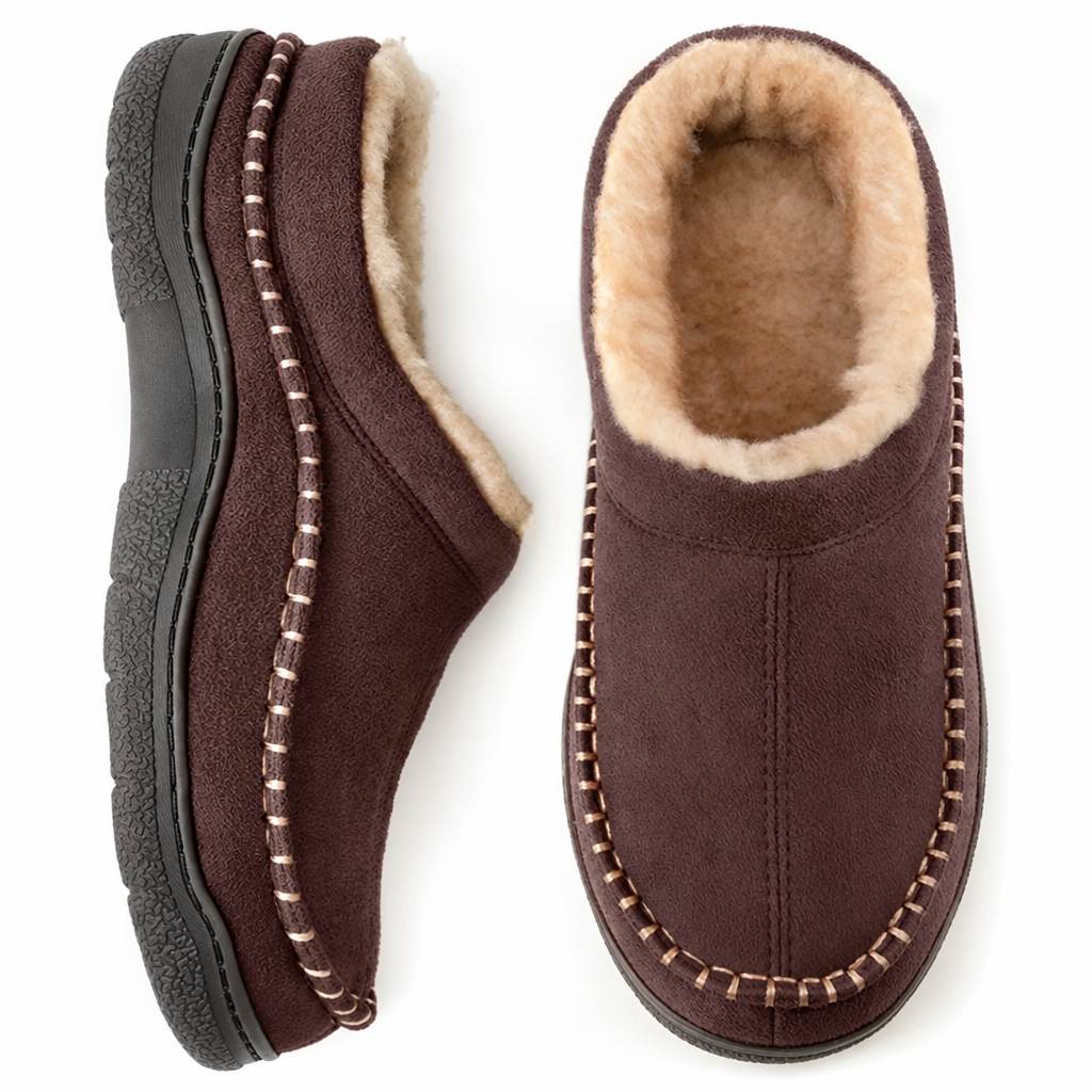 Lined closed-back house slippers in brown, side view