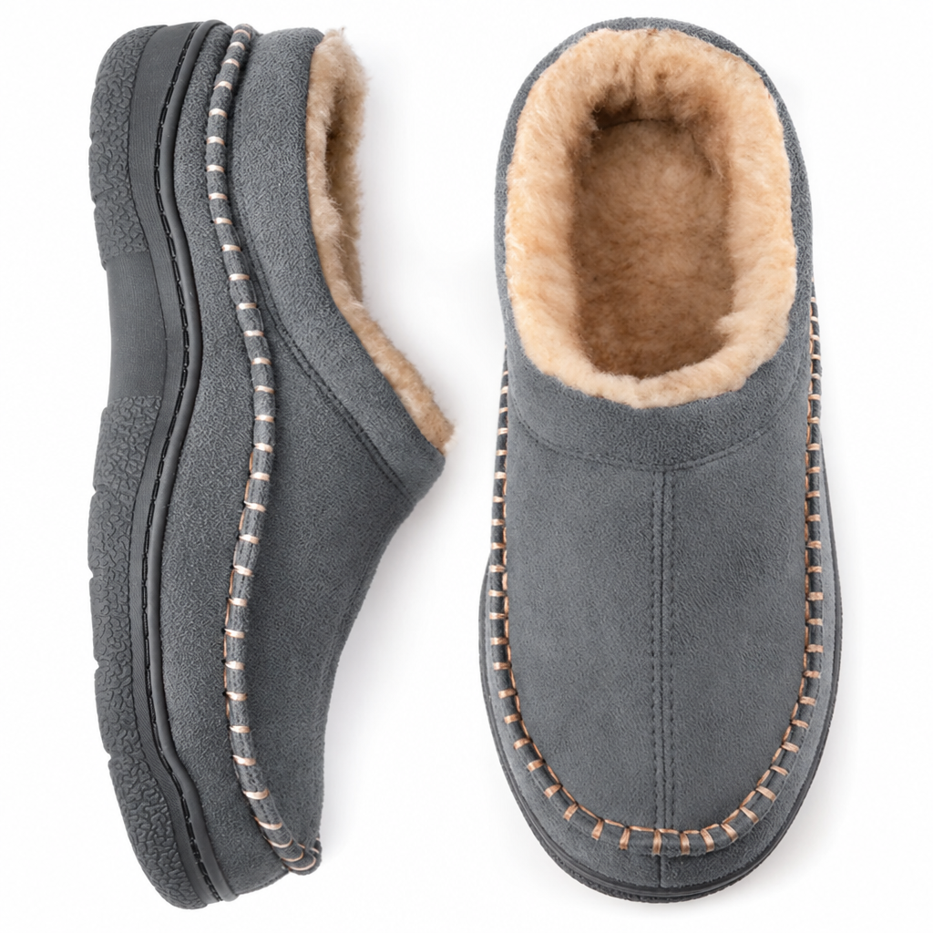 Lined closed-back house slippers in grey, side view