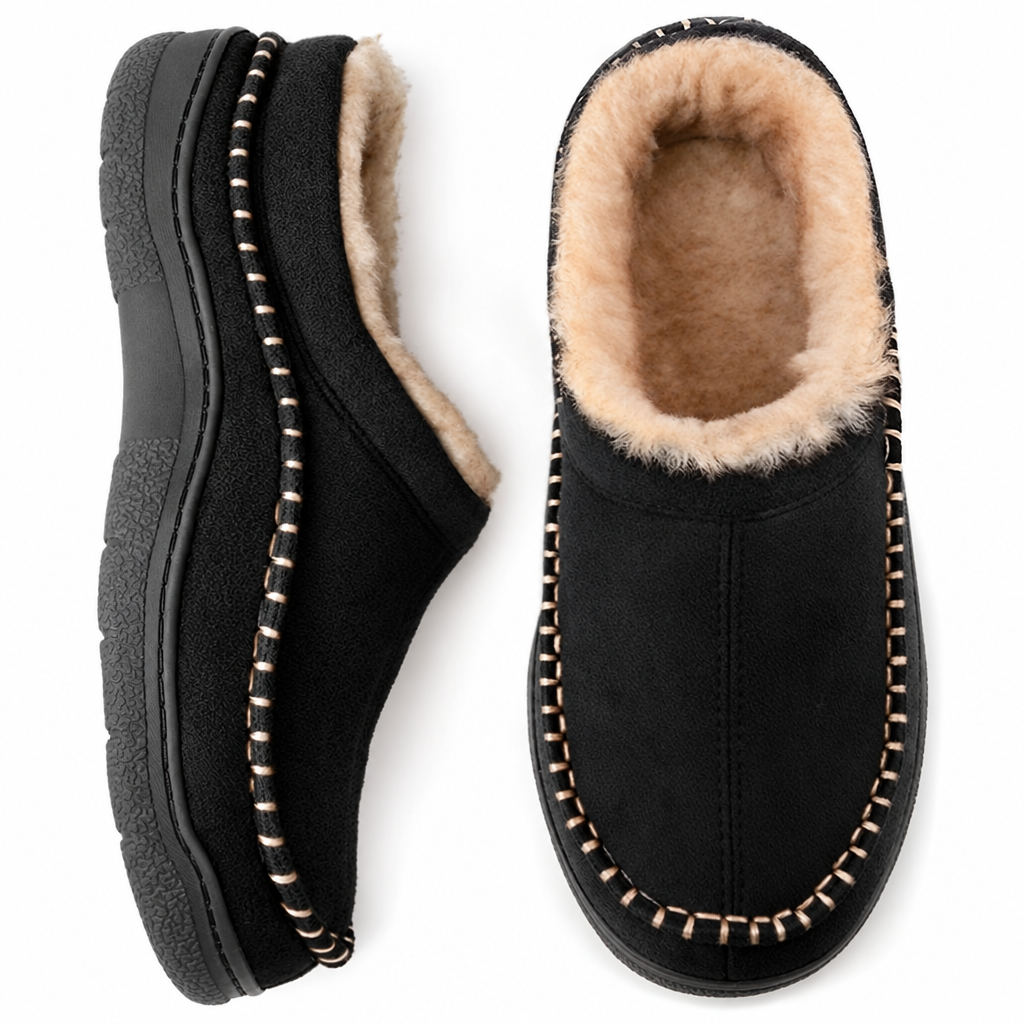 Lined closed-back house slippers in black and beige, side view