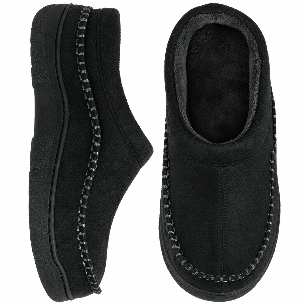 Lined closed-back house slippers in black, side view