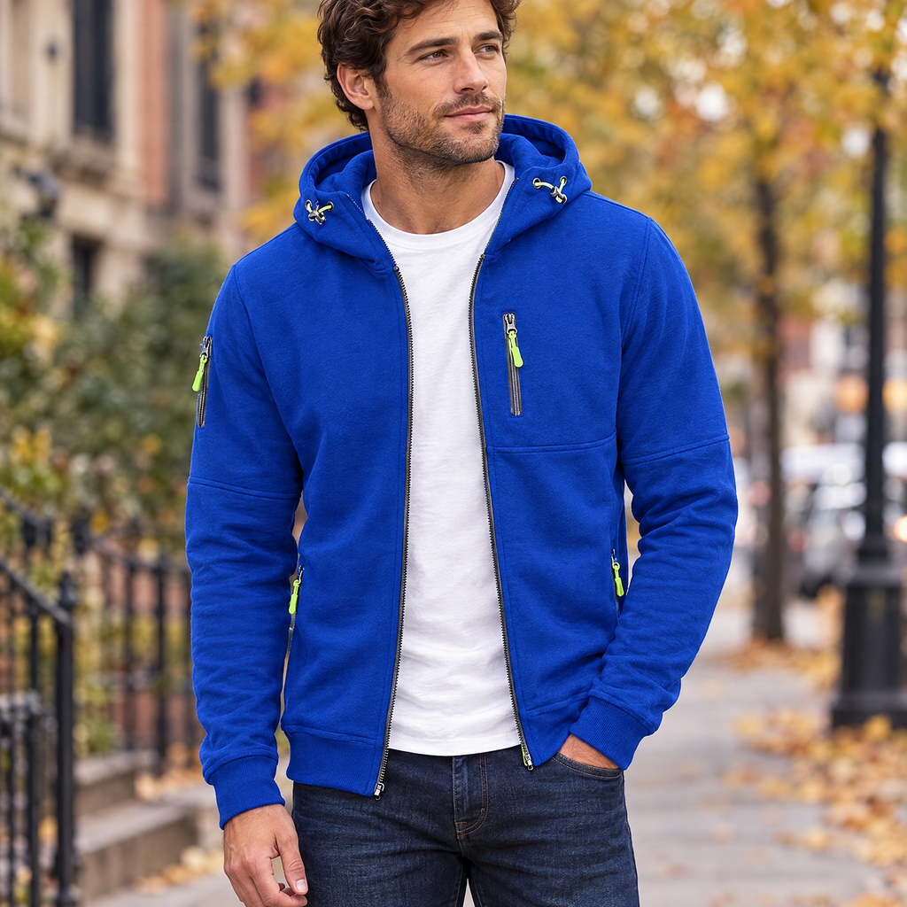 Full zip hoodie in blue worn with jeans on a city street
