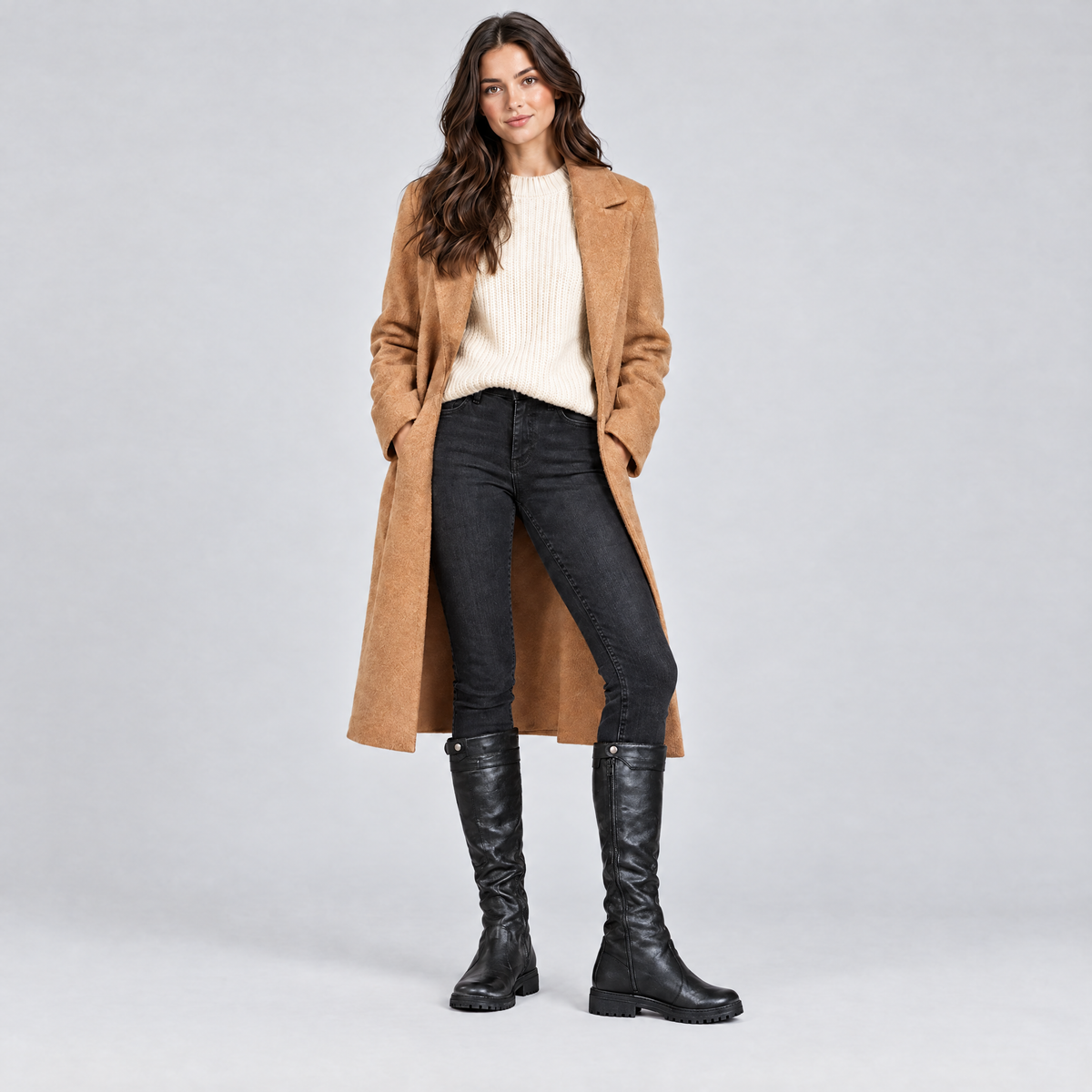 Black knee high boots styled with jeans, a knit jumper and a camel coat