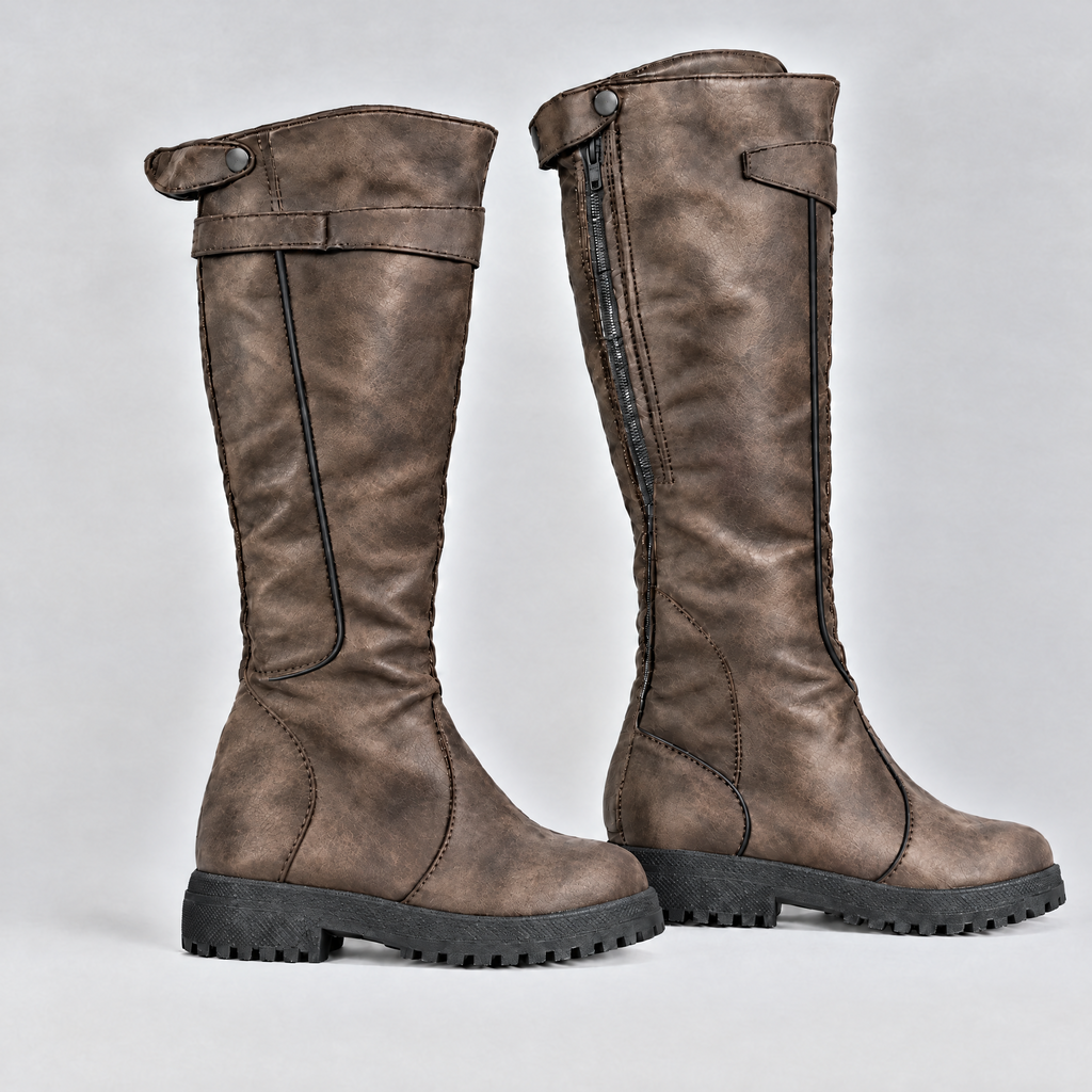Dark brown suede knee high boots with dark piped trim and chunky sole
