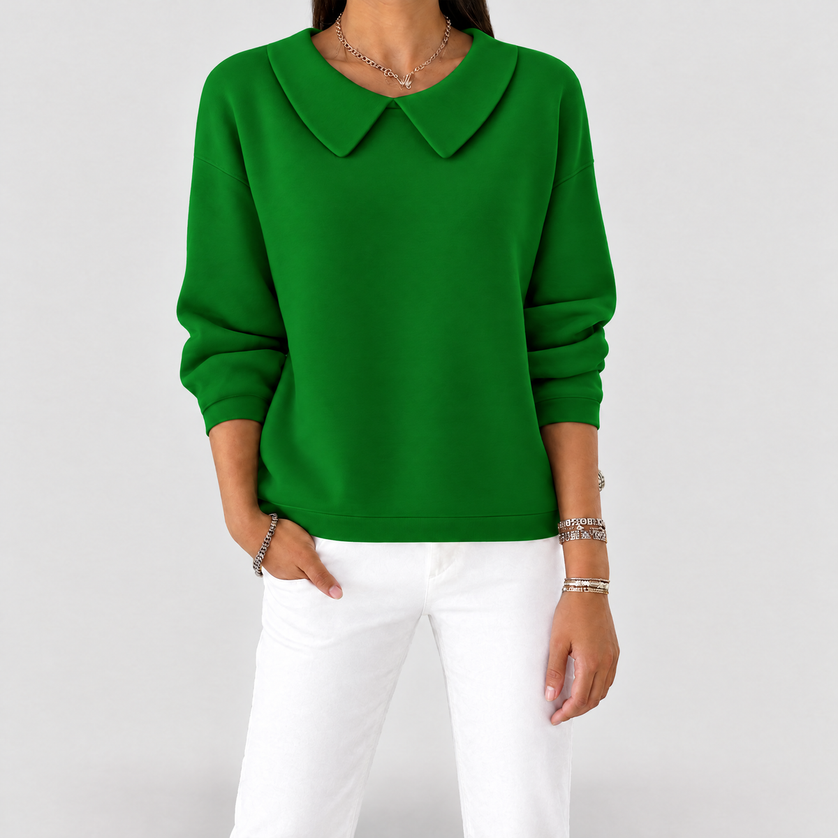 Collared jumper in green with Peter Pan collar and relaxed fit