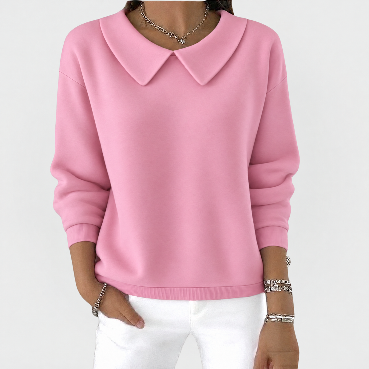 Collared jumper in pink with Peter Pan collar and relaxed fit