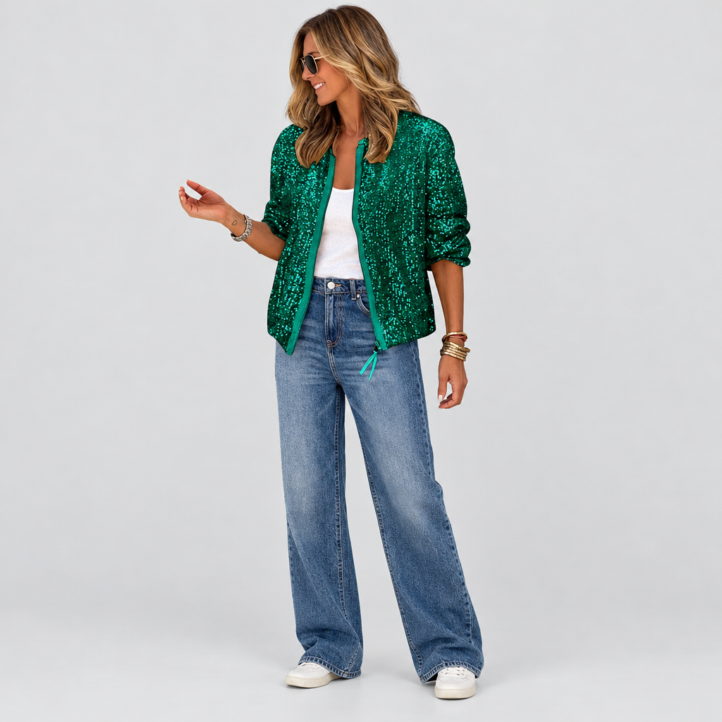 Sequin Bomber Jacket Zip Front