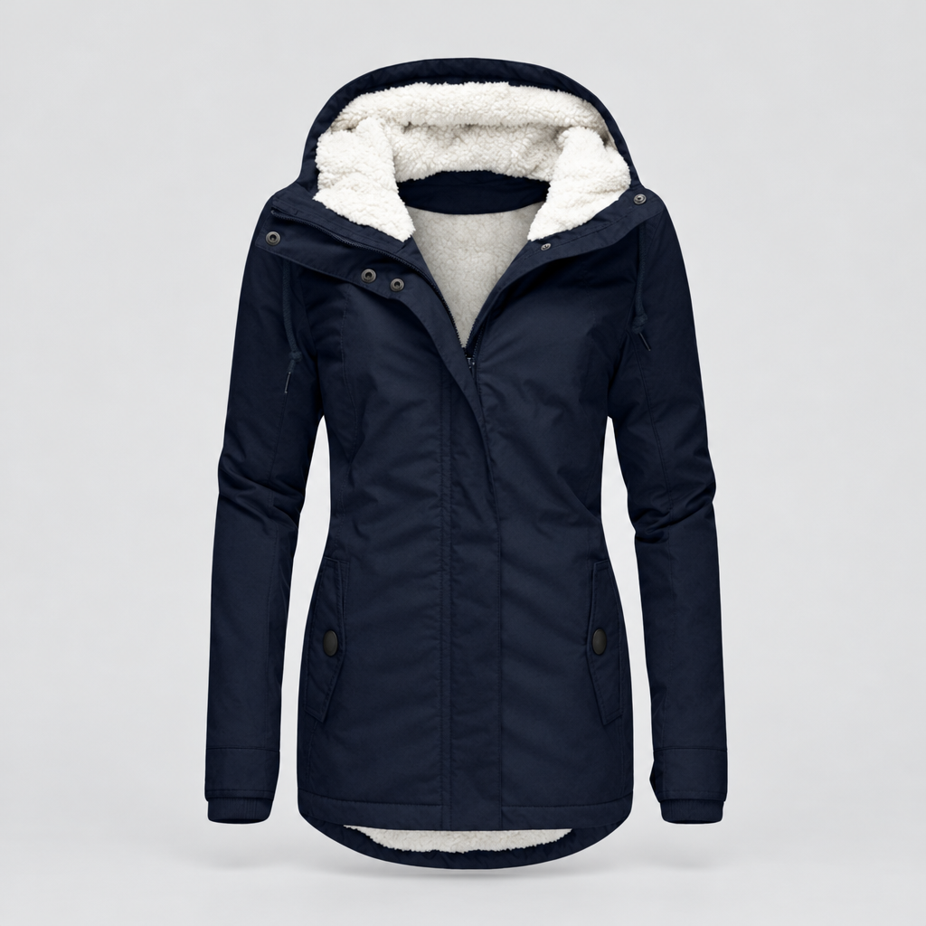 Quilted sherpa-lined hooded jacket in blue, front view