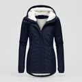 Quilted sherpa-lined hooded jacket in blue, front view