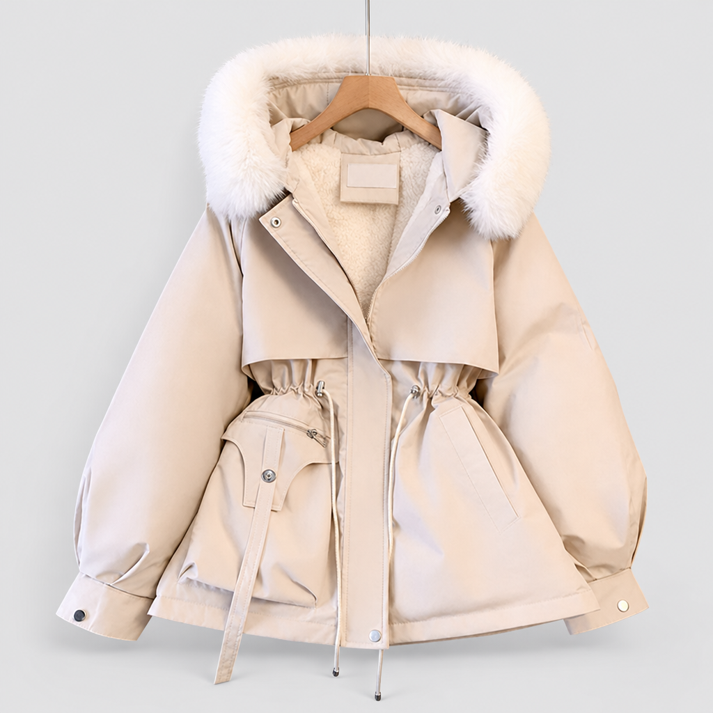 Hooded parka with faux fur trim in white, zip front view