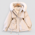 Hooded parka with faux fur trim in white, zip front view