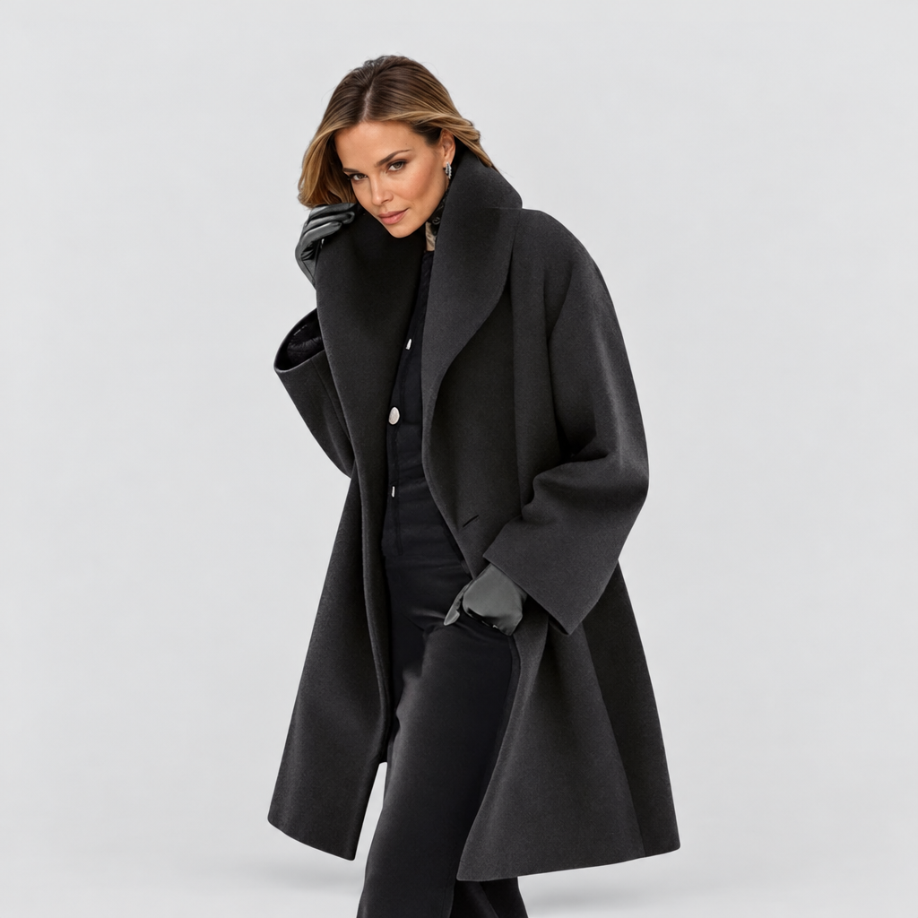 Longline shawl collar coat in black, button front, full length view
