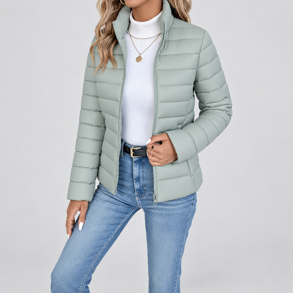 Lightweight quilted puffer jacket in green with stand collar, front view