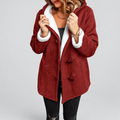 Sherpa lined hooded jacket with toggle fastening in wine red, front view