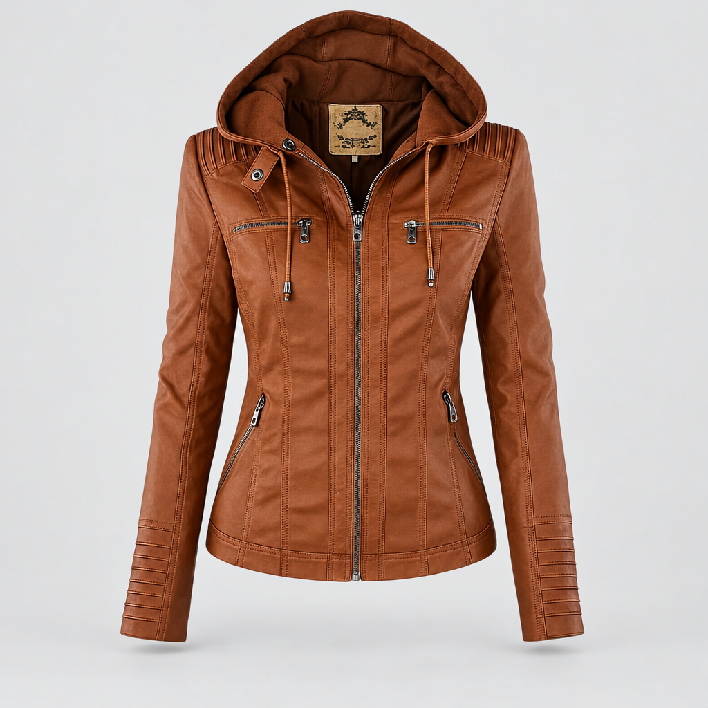 Leather-look biker jacket with removable hood in light brown, front view