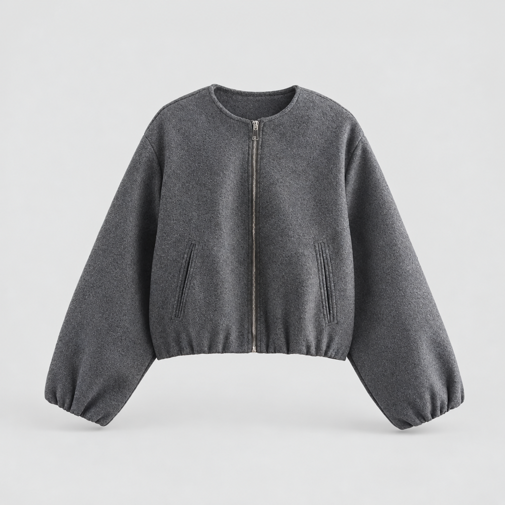 Cropped relaxed bomber jacket in dark grey with elasticated hem, front view