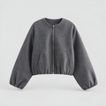 Cropped relaxed bomber jacket in dark grey with elasticated hem, front view