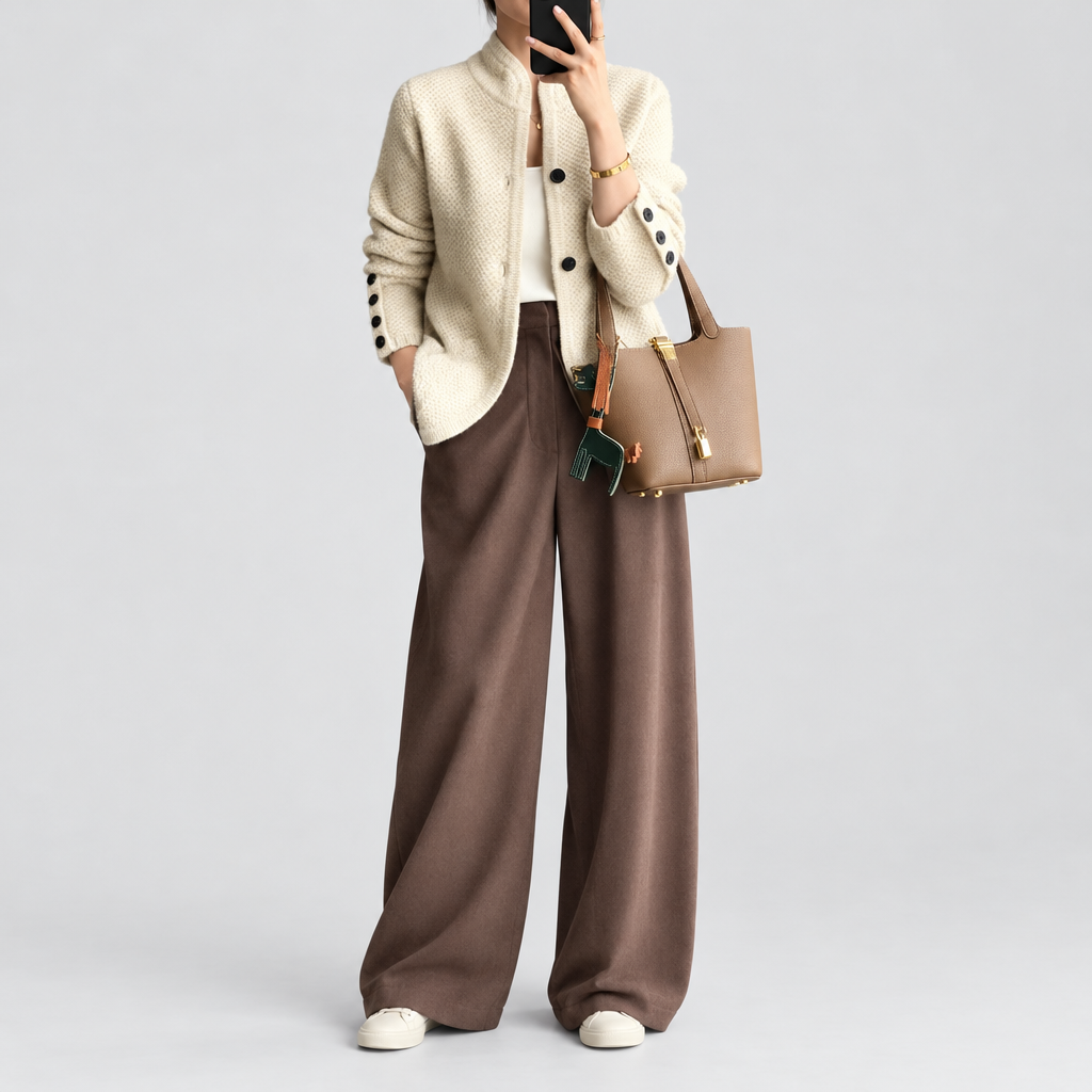 Soft wool-blend button front cardigan in beige, front view