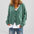 Soft knit V neck cardigan with button front in green, front view