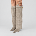 Knee-high fold over boots in beige suede-look with pointed toe and block heel