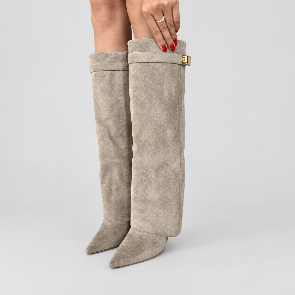 Knee-high fold over boots in beige suede-look with pointed toe and block heel