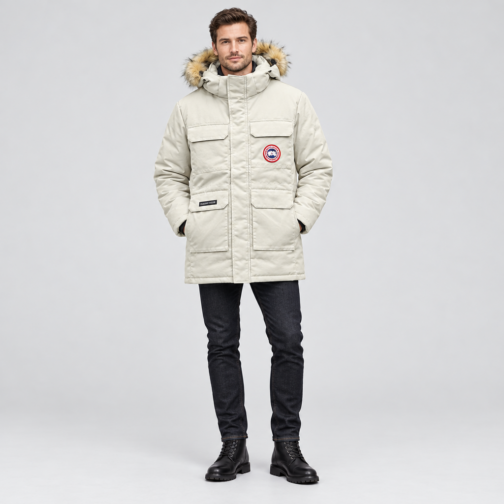 Model wearing the white down filled parka jacket with jeans and boots, front view