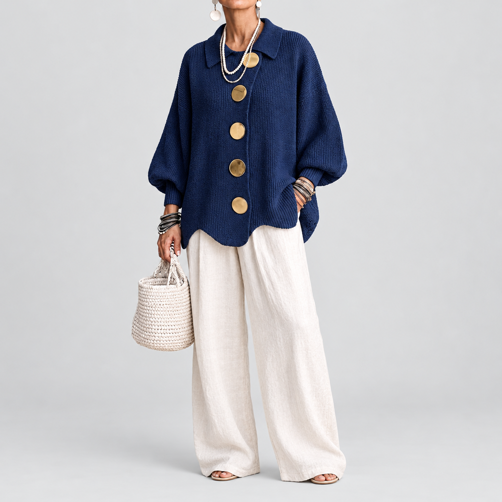 Oversized heavyweight knit cardigan in navy blue with scalloped hem, front view