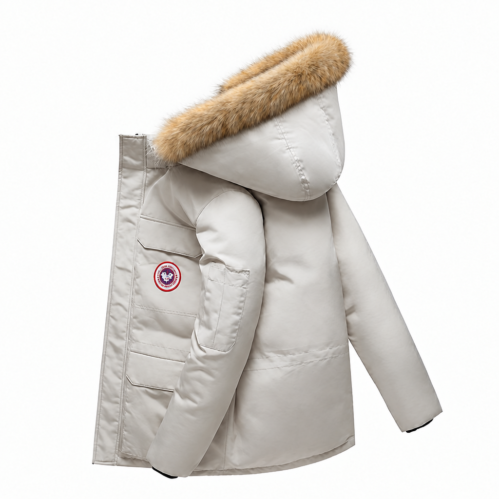 Down filled mid length parka jacket in white with faux fur trimmed hood, side view