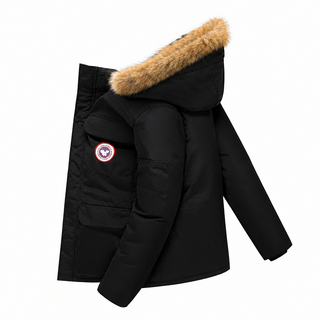 Down filled mid length parka jacket in black with faux fur trimmed hood, side view