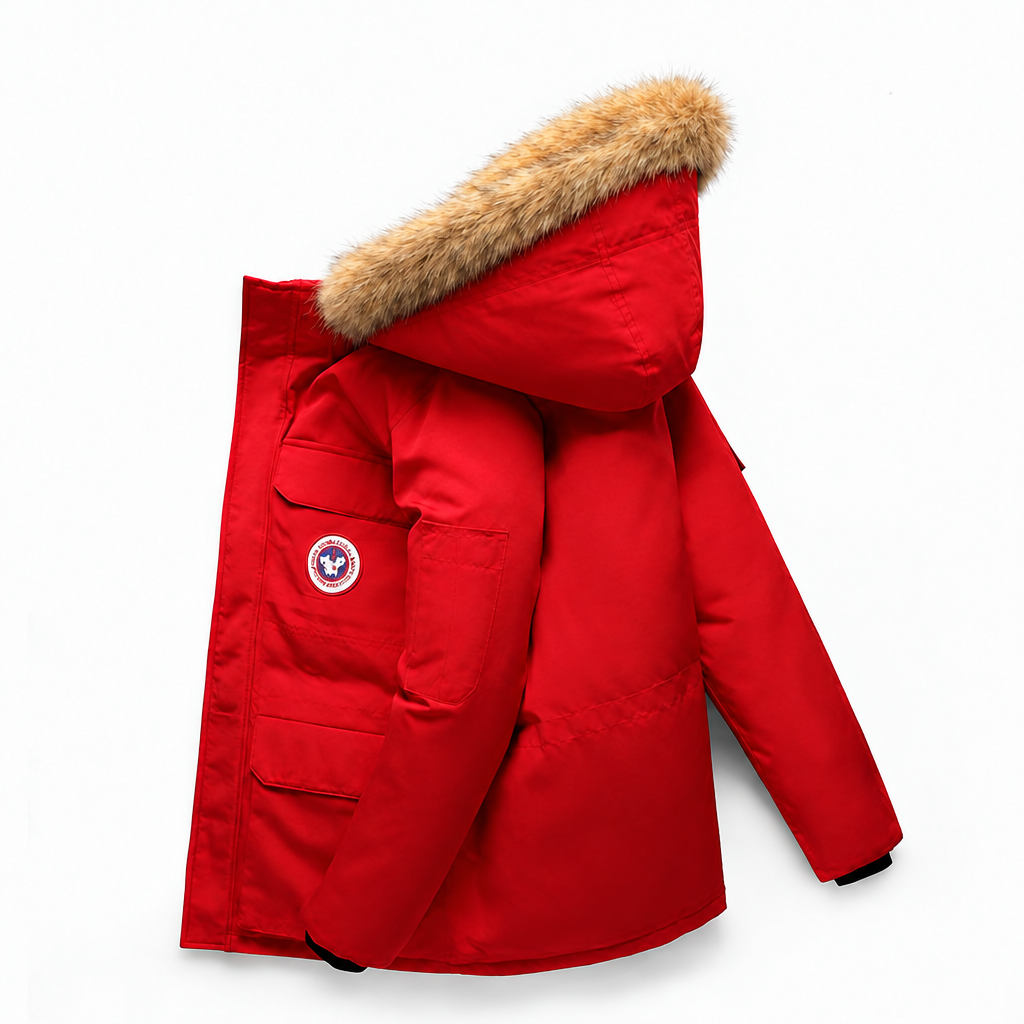 Down filled mid length parka jacket in red with faux fur trimmed hood, side view